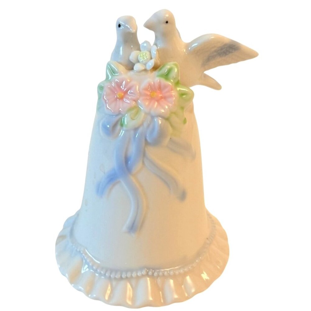 Love Doves Wedding Bell Ring Bride Groom Kiss Porcelain Romantic Vintage Gift
